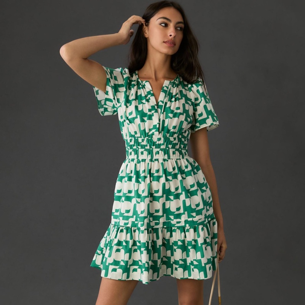 Anthropologie Green and White Mini Dress